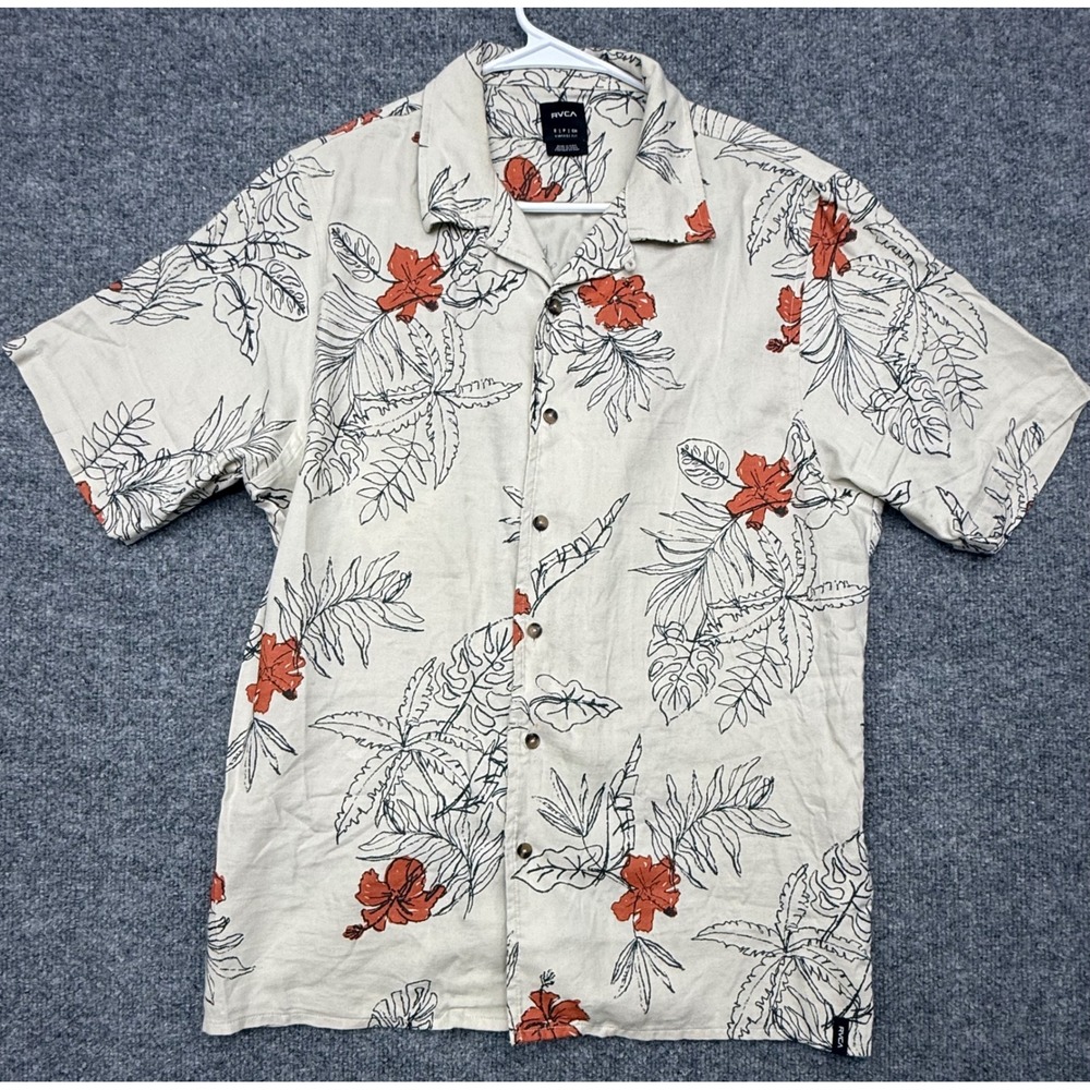 RVCA Mens Vintage Fit Tropical Floral Button Down Shirt Cream Small Short Sleeve